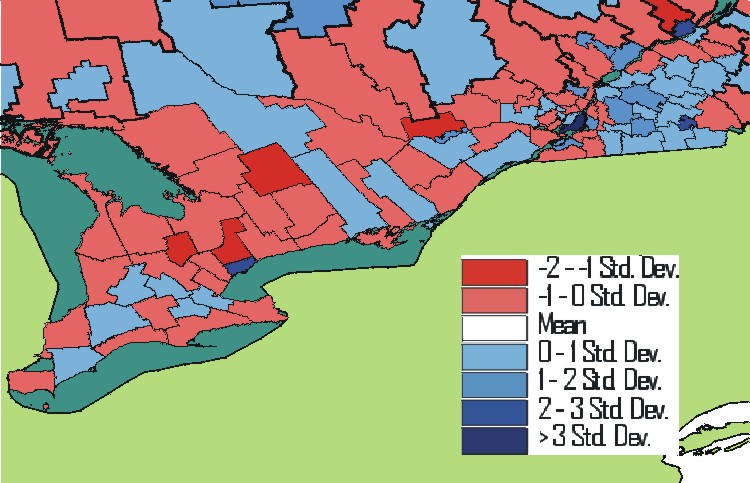 The variation in the percent of renters in Southern Ontario and Quebec